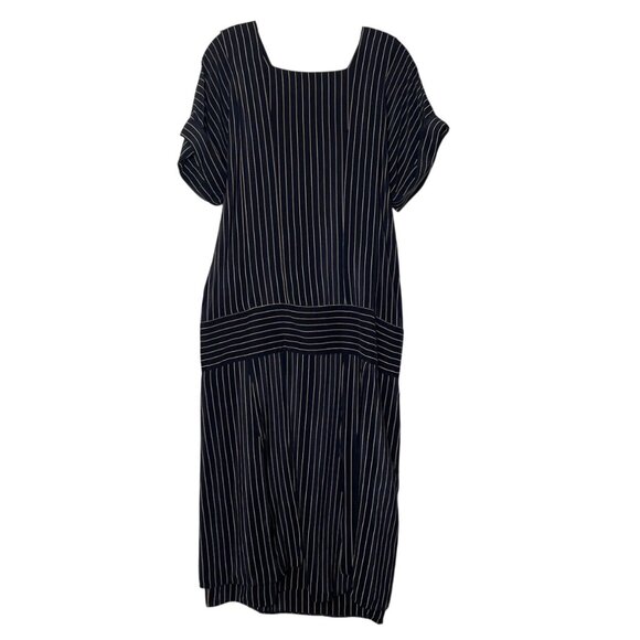 Vtg 80's Nancy Johnson Navy & Cream Striped 100% Silk Midi Dress W/ Button Back - Picture 9 of 9